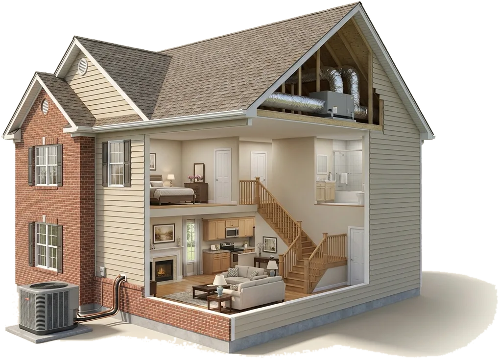 Cutaway illustration of a two-story house showing the attic air handler, the ductwork through the floors, and the outdoor heat pump unit connected by a refrigerant lineset.
