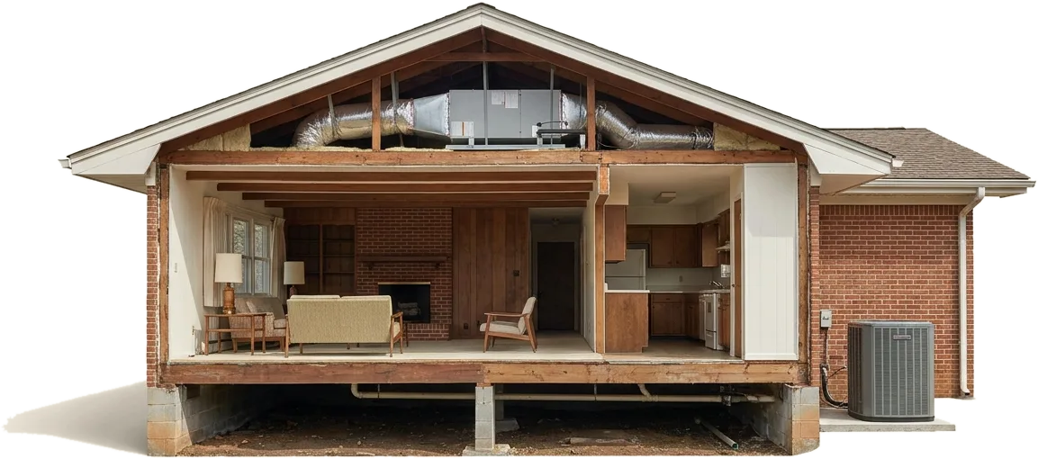 Cutaway illustration of a mid-century Raleigh ranch house showing the crawlspace, retrofitted ductwork in a tight attic, the air handler, and the outdoor unit on its pad.